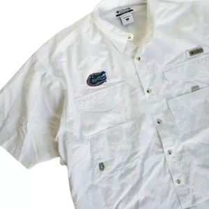 Columbia PFG L Large Shirt Gators Florida White Short Sleeve Collar Button